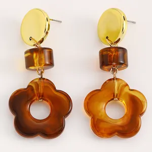 Elegant brown acrylic flower drop earrings with golden disc top for women fashion jewelry.