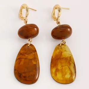 Close-up of the vintage Maillard style amber resin drop earrings, showing intricate texture details.