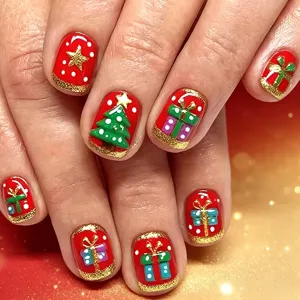 Uñas Postizas De Navidad Cuadradas Cortas Rojas Con Diseño De Árbol De Navidad 3D Estrella Caja De Regalo Uñas Artificiales Reutilizables Para Mujer Manicura De Fiesta