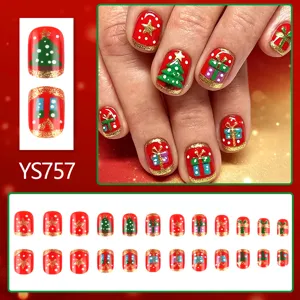 Uñas postizas de navidad cortas cuadradas 24 piezas uñas postizas rojas con purpurina