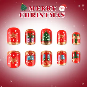 Uñas postizas cuadradas brillantes cortas set navideño con lindos regalos y diseño de árbol.