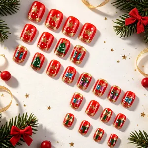 Uñas postizas de Navidad cuadradas brillantes cortas detalle, set de 24 uñas rojas festivas.