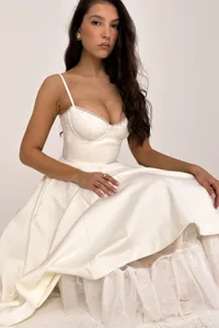 White corset strap midi dress with tulle underskirt, elegant and sexy party wear.