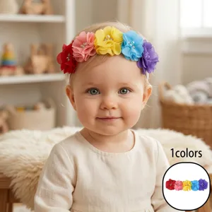 Cute Baby Flower Headband Elastic Chiffon Rainbow Floral Hair Band With Faux Artificial Pearl Rhinestone For Newborn Photography Girls