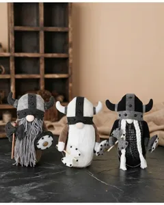 Viking gnome plush doll detail view, cute faceless warrior ornament with horns and beard.