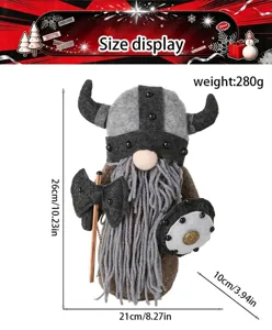 Standing Viking gnome faceless doll plush ornament with axe and shield, size 26x21x10cm.