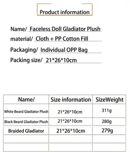 Product specification and size chart details for faceless gladiator doll plush toy variants.