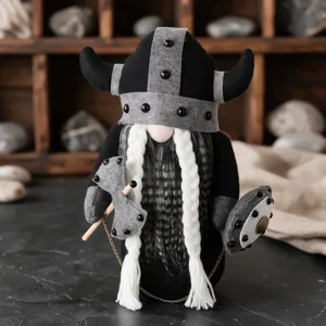 Cute standing Viking gnome plush doll with braided beard, axe and shield for holiday decor.