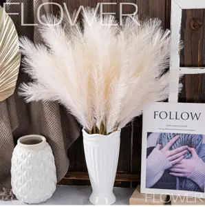 Artificial pampas grass fluffy reed fake plant with white ceramic vase home wedding decor