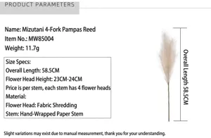 Artificial pampas grass 4-fork fake reed plant detail display showing height and branch structure.