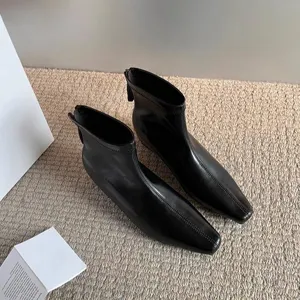 Botines mujer de cuero genuino punta cuadrada minimalista cremallera trasera otoño invierno calzado
