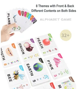 Detailed view of double-sided educational flashcards featuring words, numbers, and colorful themes.