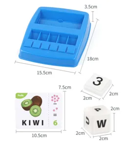 Educational matching game toy set details showing blue base, learning cards, and letter blocks.