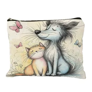 Linen cosmetic bag with cute cat and dog watercolor print, multi-functional zipper pouch for women.