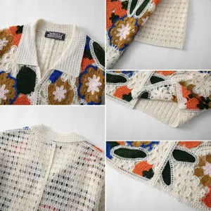 Vista detallada del polo de punto de ganchillo para hombre, motivo floral y cuello solapa.