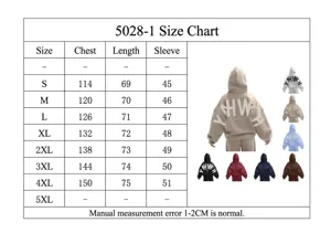 Detailed size chart and color options for loose oversized casual streetwear hoodie sweatshirt.