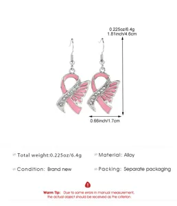 Pink ribbon wing rhinestone alloy earrings breast cancer awareness jewelry gift for women