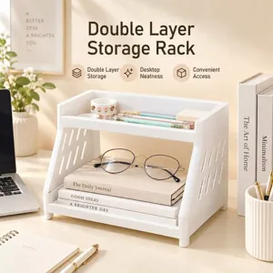 White plastic desktop double layer storage rack for office supplies and cosmetics organization.