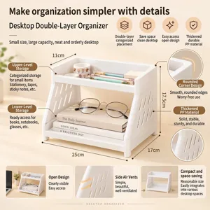 White desktop double-layer storage rack plastic organizer for office stationery cosmetics.