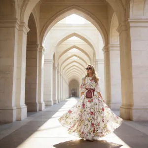 Women Bohemian Floral Print Maxi Dress Round Neck 3/4 Sleeve Flared Hem Long Dress With Belt And Pouch For Casual Vacation