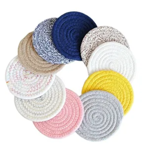 Handmade braided cotton rope hot pad coaster set, colorful round heat resistant table mats.