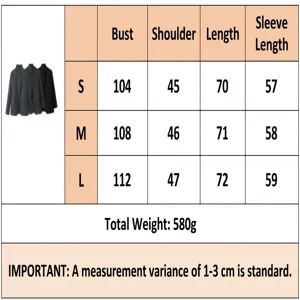 Womens casual blazer size chart showing bust shoulder and sleeve length measurements for S M L