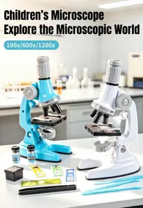 Kids science microscope set with 1200x magnification, slides, and educational lab accessories.