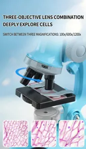 Close-up view of kids science microscope toy featuring multi-magnification objective lenses.