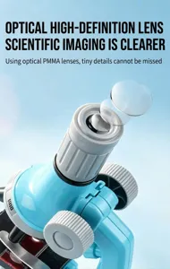 Microscope optical lens detail showing high clarity PMMA glass elements for science education.