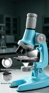 Kids science microscope toy set with dual LED lights and 100x magnification for learning.
