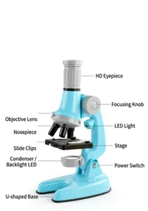 Children science microscope toy detail view showing HD eyepiece, objective lens and LED light.