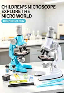 Detailed view of children science microscope set with slides and tools for lab study.