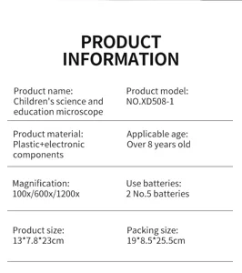 Children science microscope specifications detail table with dimensions and magnification details.