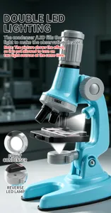 Children science microscope toy set with double LED lighting and 100X magnification features.