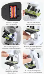 Detailed operation guide of children science microscope toy with multi-level zoom and light.