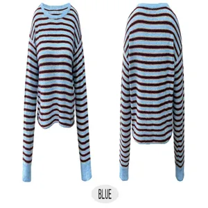 Striped knit sweater for women, round neck long sleeve casual pullover sweater detail.