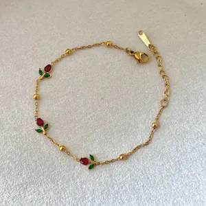 Goldene Tulpen Armband für Damen, Edelstahl Blumen Kette mit roten grünen Perlen Charm.