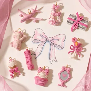 Pink cute resin charms pendants set, airplane rabbit cupcake DIY jewelry making accessories.
