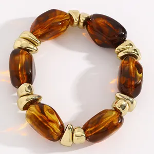 Vintage Schildpatt Imitat Harz und goldene Metall Perlen Armband Damen Mode Schmuck.