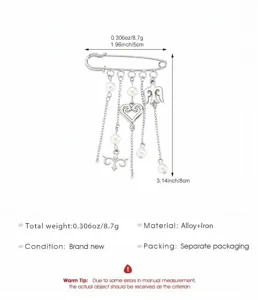 Silver safety pin brooch with pearls and hanging chains, detailed size specification image.