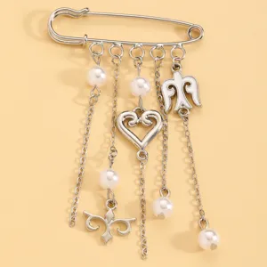 Exquisite Kazakh style metal brooch with hanging chains and pearls for women fashion apparel