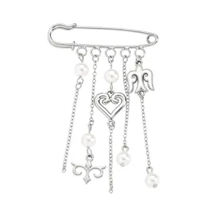 Silver tone brooch pin with chains faux pearls heart wing pendants stylish accessory for apparel