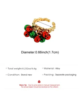 Bague ouverte de couleur or de Noël avec des cloches rouges et vertes bijoux de fête