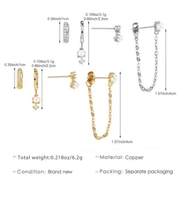 Gold and silver tone pearl hoop and stud earrings set with detailed size specifications.