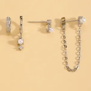 Silver tone multi piece cubic zirconia pearl stud and hoop earring set for women fashion jewelry