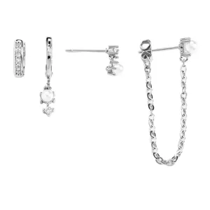 Gedetailleerd overzicht van zilveren zirkoon parel oorbellen set, elegante sieraden.