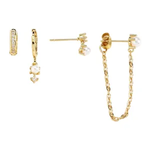Vergulde oorbellen set met parel en zirkonia minimalistische mode sieraden voor vrouwen