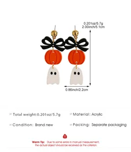Pendientes colgantes de Halloween con fantasma, calabaza y lazo negro en acrílico.