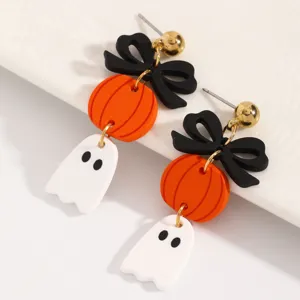 Pendientes colgantes de fantasma y calabaza de Halloween con lazos negros para fiestas.