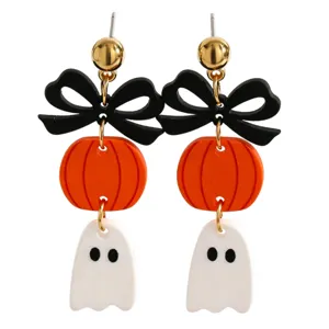 Pendientes de Halloween fantasma calabaza con lazo negro para fiesta y regalo de moda